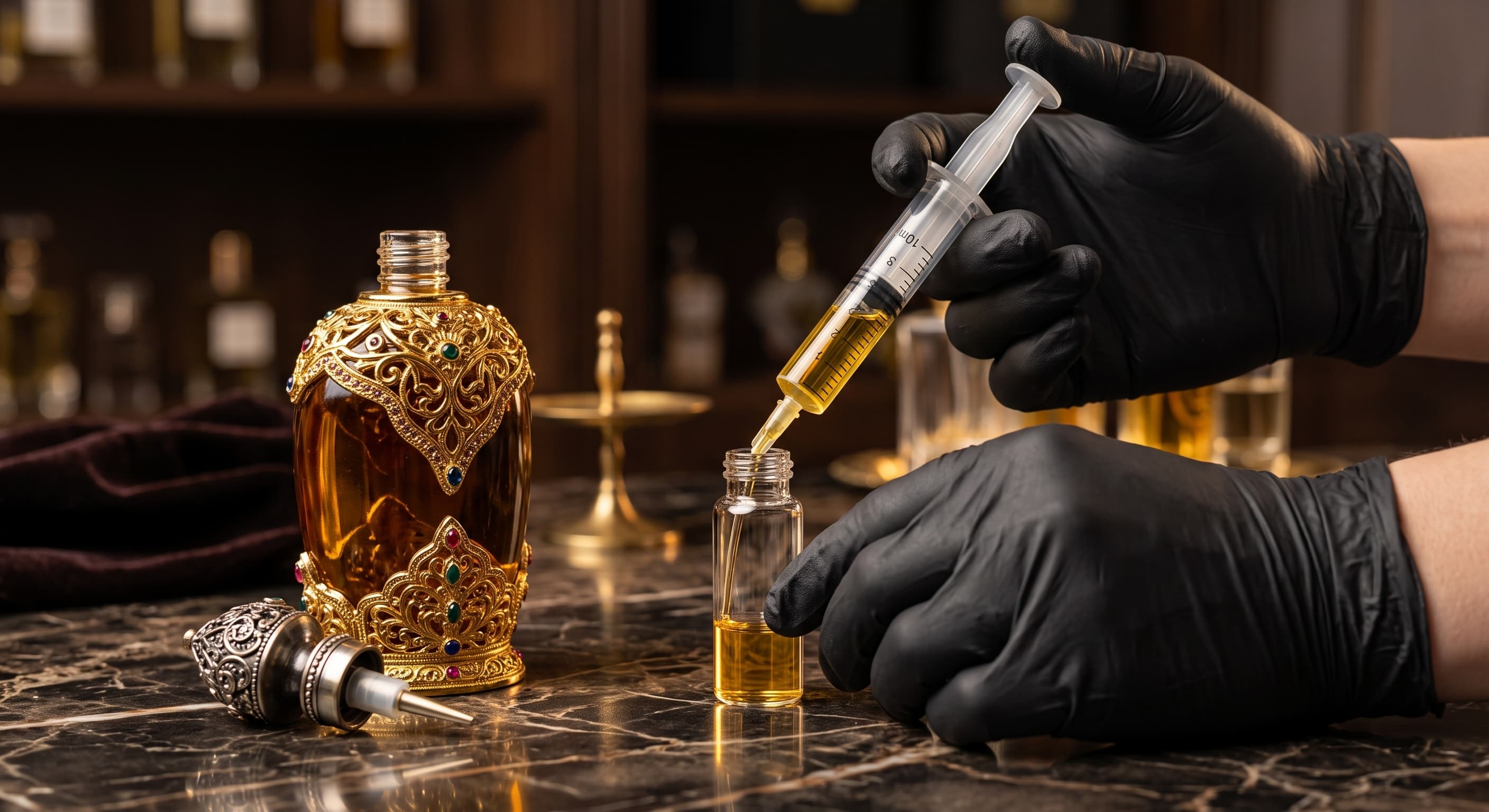 Processo de fracionamento: mãos com luvas extraindo perfume original com seringa estéril