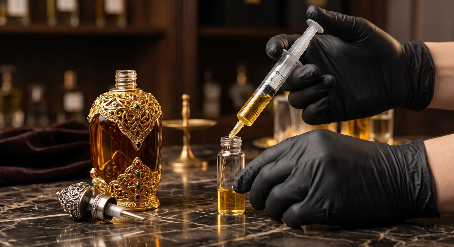 Processo de fracionamento: mãos com luvas extraindo perfume original com seringa estéril